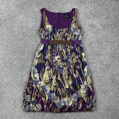 Vestido Colección Nicole Miller Mujer 2 Púrpura Dorado Seda Y2K Cóctel Burbuja Foto 1 de 4
