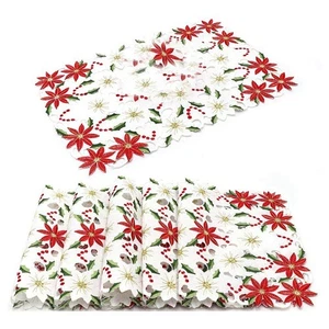 Placemats Set of 6 Embroidered Christmas Poinsettia & Holly , 11x17 Inch1783 - Picture 1 of 10