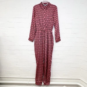 Missguided Jumpsuit Boilersuit Pink Blue Satin Long Sleeve Geometric UK Size 12 - Picture 1 of 12
