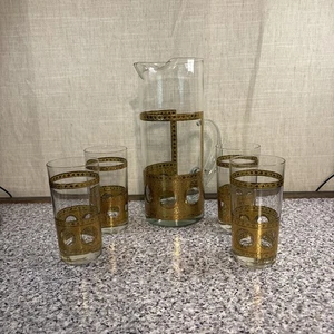 MGM gold gilt pitcher and 4 highball glasses West Virginia Glass Company - Picture 1 of 11
