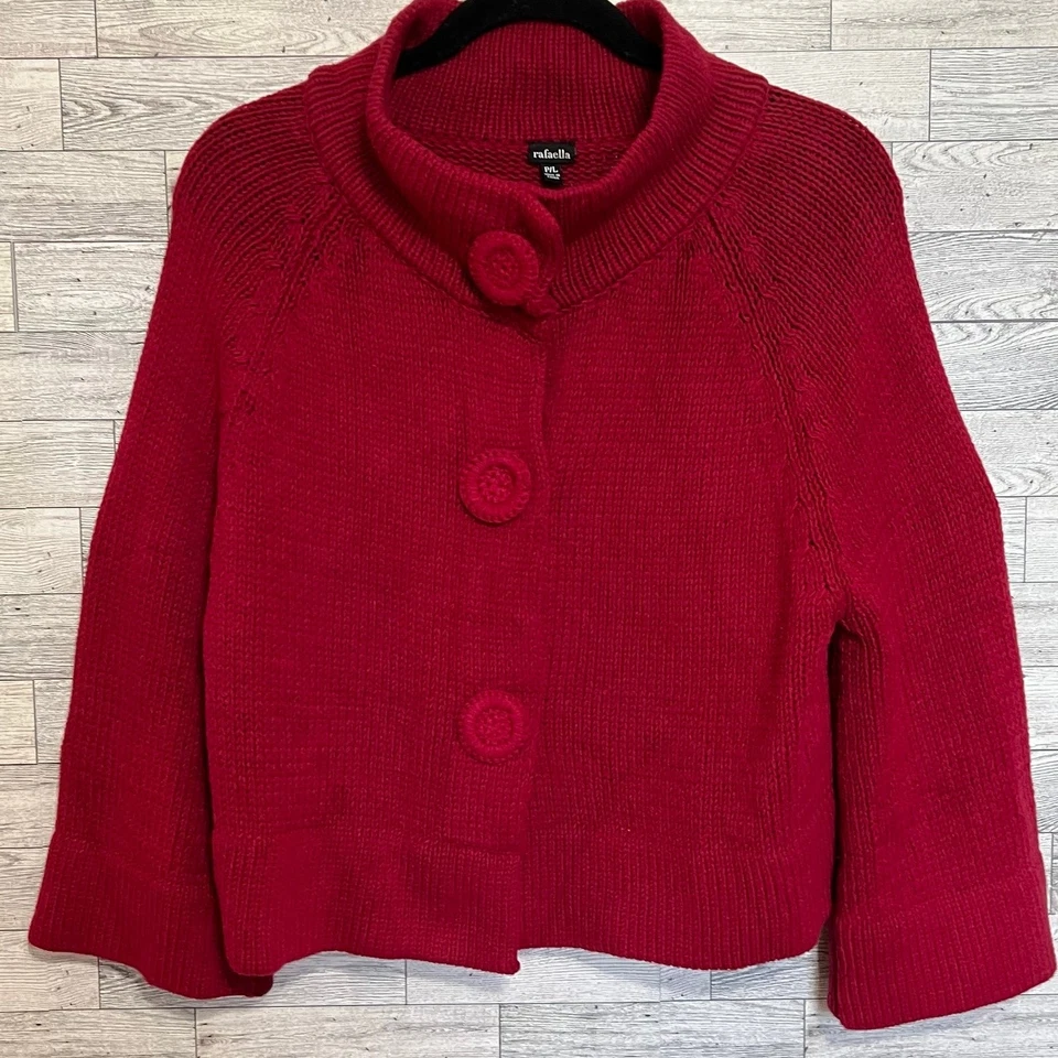 Suéter Rafaella Rojo/Magenta Tejido con Cable Botón a Presión Cubierta Corta Talla L-Pequeña Foto 1 de 4