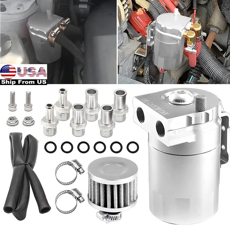 Kit de latas de captura de aceite de motor respirador universal filtro deflector depósito tanque plateado Foto 1 de 4