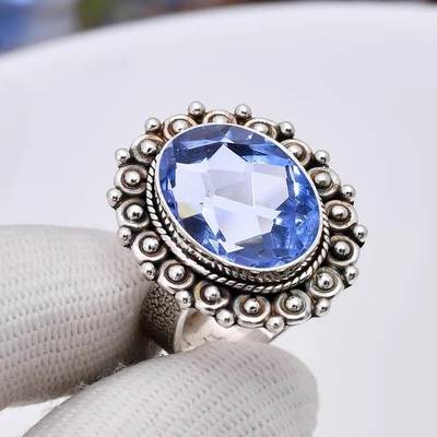 Elegante anel boêmio azul tanzanita simulado prata esterlina 925 joia retrô - Imagem 1 de 4