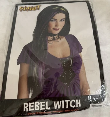 Peluca de bruja rebelde Spirit Halloween disfraz Hallween pelo negro púrpura acento verde Foto 1 de 4