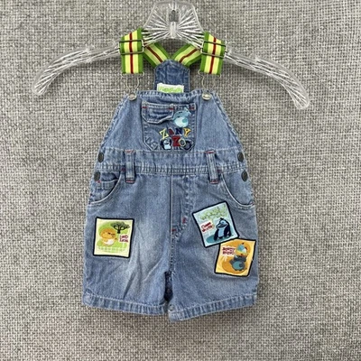 Flapdoodles Shortall Denim Overalls Baby 12M Embroidered Lion Rhino Gorilla Y2K - Image 1 of 4