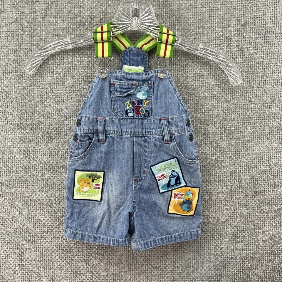 Flapdoodles Shortall Denim Overalls Baby 12M Embroidered Lion Rhino Gorilla Y2K - Image 1 of 4