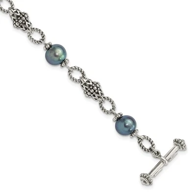 925 Sterling Silver 8-8.5mm Freshwater Cultured Black Pearl Toggle Bracelet 8.5" - Image 1 of 4