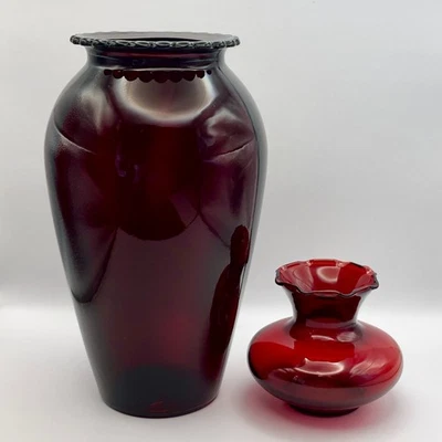 VTG Anchor Hocking Royal Ruby Red Glass Vase Scalloped Edge / Crimped Bud Vase - Image 1 of 4