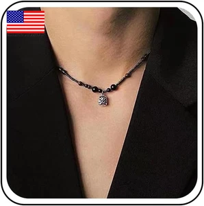 Vintage schwarz Perlen Halsreif Halskette klein filigran Löwe Anhänger Halskette klein ros - Bild 1 von 7