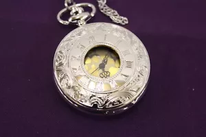 BEAUTIFULLY CRAFTED ORNATE WHITE METAL POCKET WATCH FOB WATCH WITH CHAIN - Picture 1 of 2