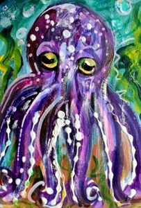 ORIGINAL ACEO Painting Purple OCTOPUS Sea Ocean Squid Fish Marine 8 Legs ATC ART - Picture 1 of 1