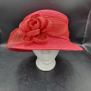 Vintage Betmar New York Women's Red Straw Hat Front Ribbon Flower - Picture 1 of 9