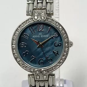Anne Klein Watch Women Silver Tone 30mm Blue MOP Pave Bling New Battery 6.75" - Picture 1 of 20