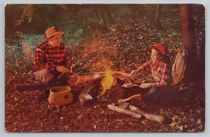 Camping in Autumn with Campfire Picnic Basket Axe and Frying Pan Postcard - Picture 1 of 2