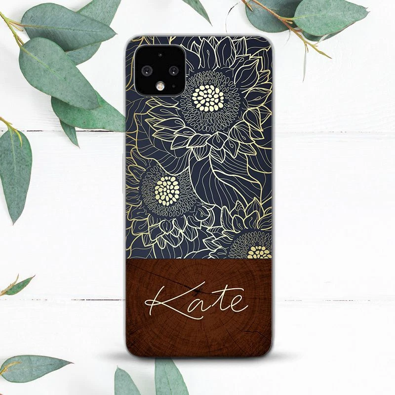 Custom Name Golden Sunflower Line Art Case For Google Pixel 2 3 4 4a 5 6 7 8 XL - Image 1 of 1