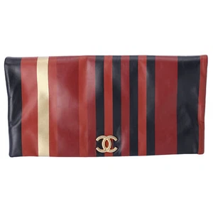 Chanel Paris Greece Black Gold Burgundy Stripe Calfskin CC Flap Clutch - Picture 1 of 10