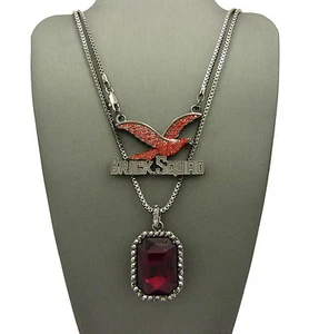 Hip Hop Micro Red Stone, Brick Squad Pendant Box Chain 2 Necklace Set RC1550HERD - Picture 1 of 9