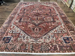 Heriz Rug 10x13 Wool Handmade Antique Orinetal Carpet Red Ivory Geometric - Picture 1 of 12