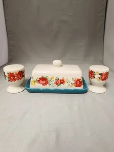 PIONEER WOMAN FLORAL BUTTER DISH AND SALT AND PEPPER SHAKERS SET - Picture 1 of 1