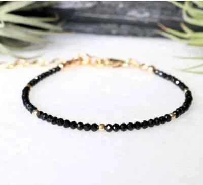 Bracelet Black Crystal Beads 3mm String Strand Handmade Unisex Free Gift Bag UK - Image 1 of 4