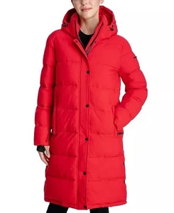 BCBGeneration Womens Medium Red Hood Long Lined Zipper Puffer Coat size S - Picture 1 of 7