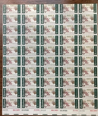 Sheet  1969 Xmas  Precancel Memphis SC# 1384 Top and some RH Perfs Missing - Image 1 of 2