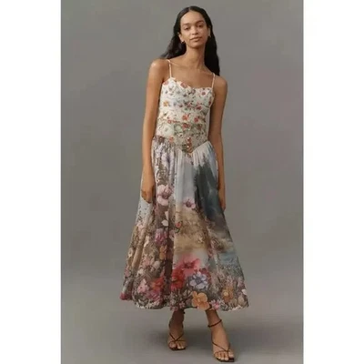 nwt by ANTHROPOLOGIE sz XS The Muse Basque-Waist Garden Midi Dress Fairycore - Image 1 of 4