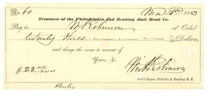 1843 Philadelphia und Reading RR Co. Scheck 23 $ PA (L6059) - Bild 1 von 2
