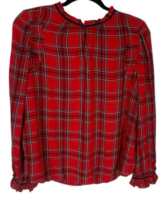 Top para mujer Loft rojo a cuadros con ribete de terciopelo manga larga ojo de cerradura cuello talla L vacaciones Foto 1 de 4