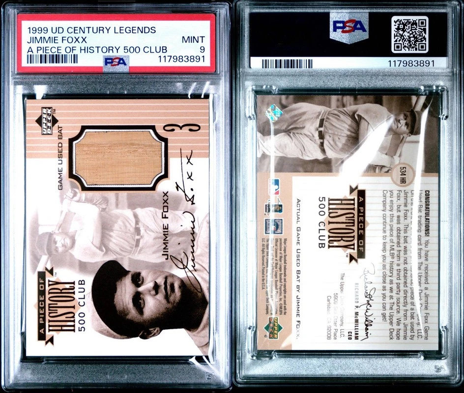 JIMMIE FOXX 1999 UD A PIECE OF HISTORY 500 CLUB RARE GU BAT A'S PSA 9 POP 22 - Image 1 of 1
