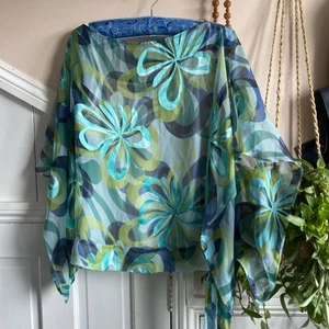 Planet Silk Blouse 14 Bnwot Green Tie Waist Angel Sleeves Summer Holidays - Picture 1 of 11