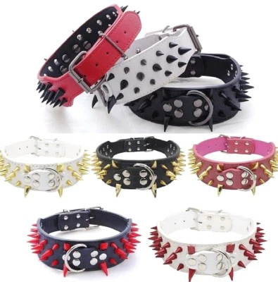 RAZOR SHARP Spiked Studded Rivet PU Leather Dog Pet Puppy Collar 2" Large BLACK - Image 1 of 4