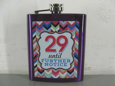 FRASCO DE ALCOHOL BOLSILLO CADERA CUMPLEAÑOS MUJER 🍾 PÚRPURA 29 HASTA NUEVO AVISO 7oz Foto 1 de 4