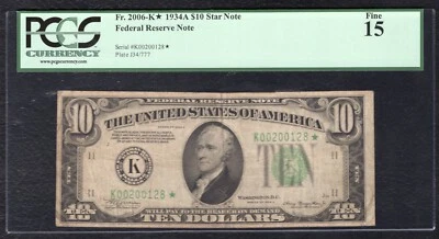 FR. 2006-K* 1934-A $10 *STAR* FRN FEDERAL RESERVE NOTE DALLAS, TX PCGS FINE-15 - Image 1 of 2