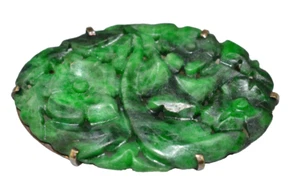 ANTIK 10K GELBGOLD 1,5" OVAL GESCHNITZT JADE BROSCHE PIN BLUMEN & BLÄTTER - Bild 1 von 5