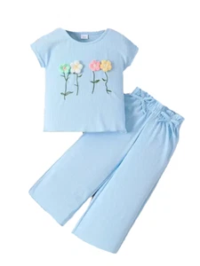 New Boutique Girls Pants Set Crochet Flowers Size 4 Short Sleeve Outfit - Picture 1 of 1