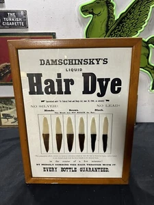 RARE LATE 19TH C DAMSCHINSKY'S NY LIQUID HAIR DYE BROADSIDE W/HAIR SAMPLES, FRMD - Picture 1 of 2