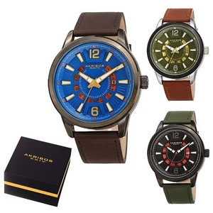 Men's Akribos XXIV AK1079 Quartz 3 Hand Exposed Wheel Date Leather Strap Watch - Picture 1 of 13