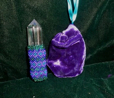 Quartz Crystal Point Beaded Wand in Teal Green Cobalt & Aqua Blue Violet Wiccan - Image 1 of 4