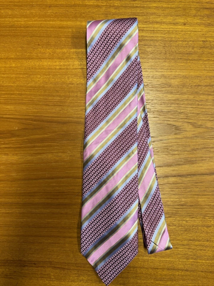 Corbata larga de seda XMI. Rosa con rayas azules marrones. "63"" x 3,825""" Foto 1 de 4