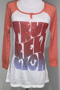True Religion Women’s S Shirt Burnout Raglan Logo Glitter Graphic Baseball Top - Picture 1 of 10