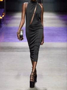 $4967 Designer VERSACE Women Runway Black Cutout Turtleneck Satin Midi Dress 42 - Picture 1 of 9