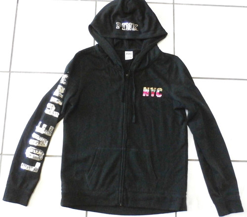 UNDERCOVER FELPA CON CAPPUCCIO VICTORIA'S SECRET ROSA NYC PAILLETTES BLING taglia S LOGO ZIP E721