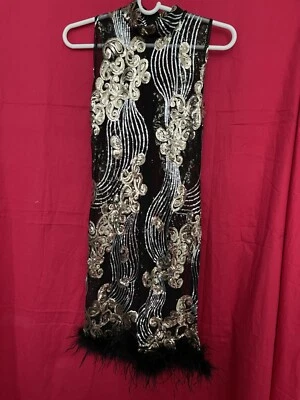 Vestido de malla de lentejuelas negro y dorado PLUMA Fiesta de vacaciones GATSBY Small Look Nuevo Foto 1 de 4