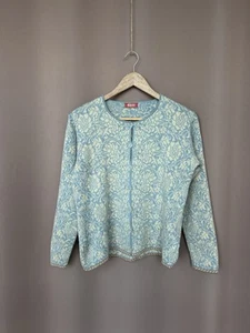 Oleana Espeland Cardigan Sweater Blue/White Floral Wool Silk Knit Button Size M - Picture 1 of 18