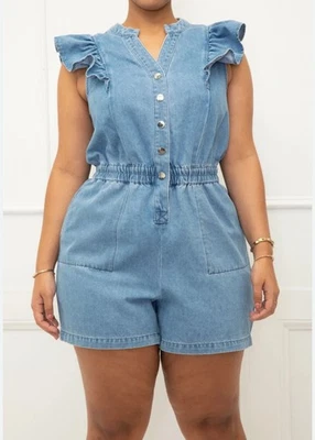 Eloquii Elements Chambray Denim Flutter Sleeve Jean Romper Women's 22 Med Wash - Image 1 of 4
