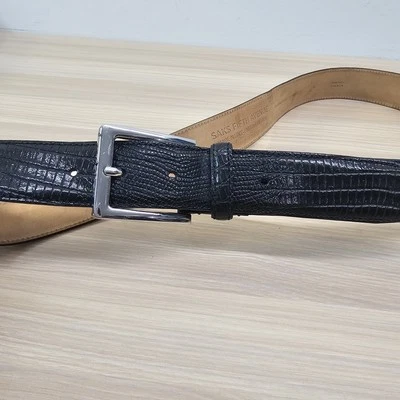 Saks Fifth Avenue Lizard Belt Mens 38 L Black Full Grain Leather Slim Suit ITALY - Image 1 of 4