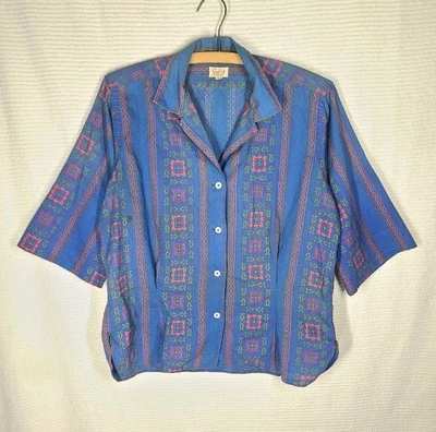 Vtg 50s Shirt Loop Collar M L Blue Cotton Novelty Print Unique Rare MOP Button - Image 1 of 4