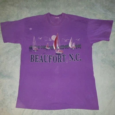 Vintage 90s Beaufort NC Sailboat Shirt XXL Bay Surf Beach Sailing Front & Back - Image 1 of 4