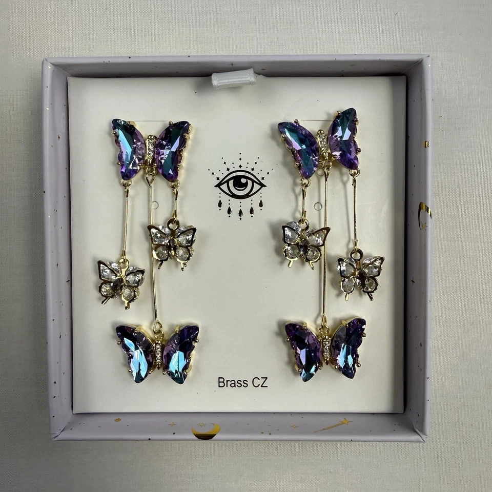 Eye Candy 洛杉矶金色和紫色蓝色水晶蝴蝶吊坠耳环 — 第 1/3 张图片
